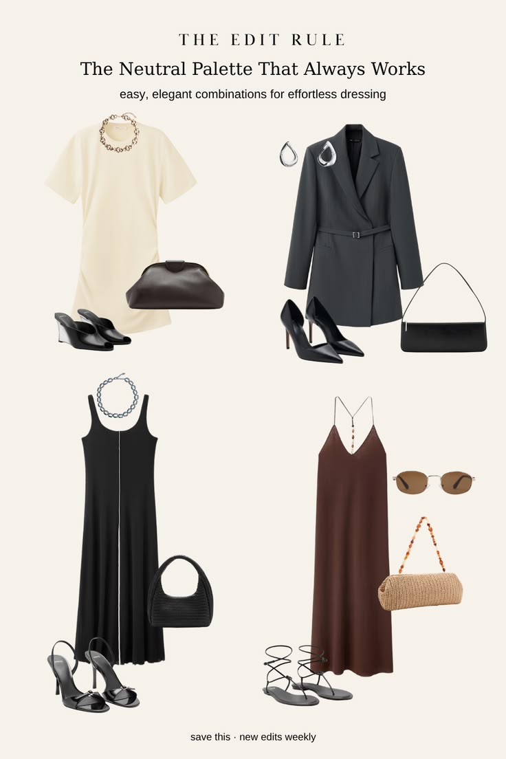 Four neutral outfit ideas for work built from cream, black, charcoal and brown, and the tonal logic that makes a neutral wardrobe look deliberate