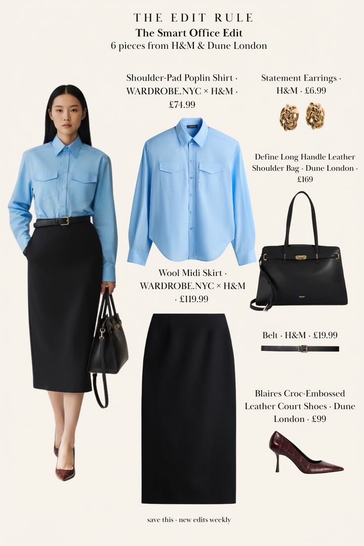 A smart office outfit built from six pieces, from a shoulder-pad poplin shirt to a wool midi skirt. UK prices, and the styling logic behind why it works.